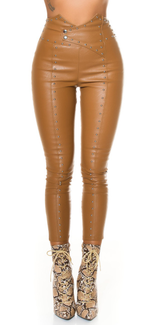 Faux Leather Pants with Rivets Brown